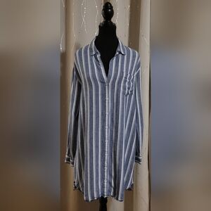 Cloth & Stone Blue Striped Roll Tab Sleeve Frayed Hem Shirt Dress L